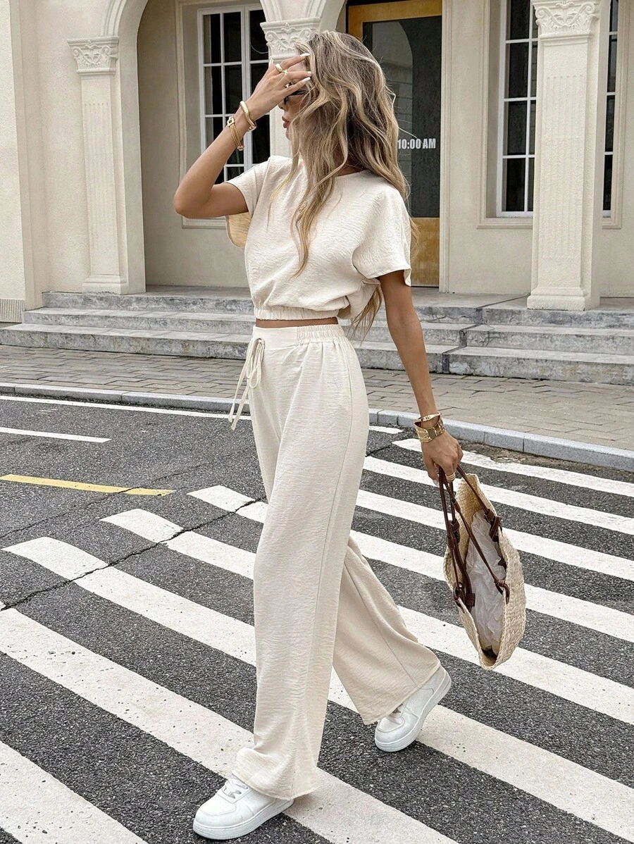 Serisse Batwing Sleeve Crop Top & Drawstring Waist Pants Textured Fabric Two Pieces Summer Casual - Apricot - View 1