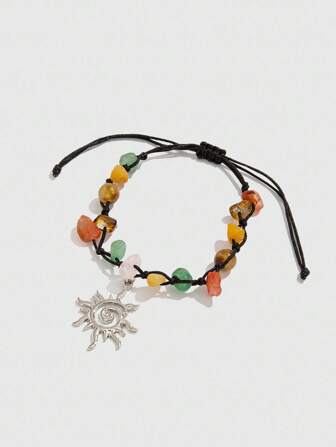 Fairycore 1pc Fashionable Bohemian Style Spiral Sun Pendant Crystal Beaded Adjustable Bracelet, Holiday Gift