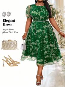 Fleurora Vestido de Linha A com Manga Bispo, Gola Redonda, Tricô Colorido e Chifon, Elegante Vintage para Trabalho, Casamento, Coquetel, Festa e Formatura, Plus Size - Verde - Visão 1