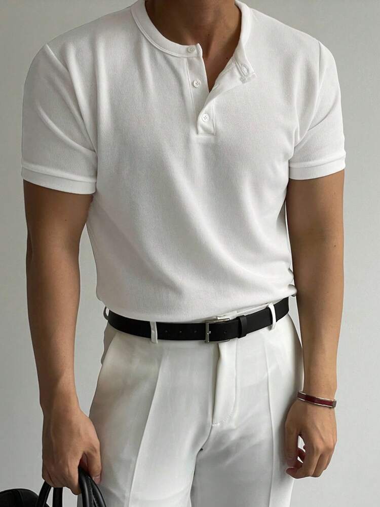 Men Summer Button Turn-Down Collar Casual Short Sleeve Solid Color T-Shirt