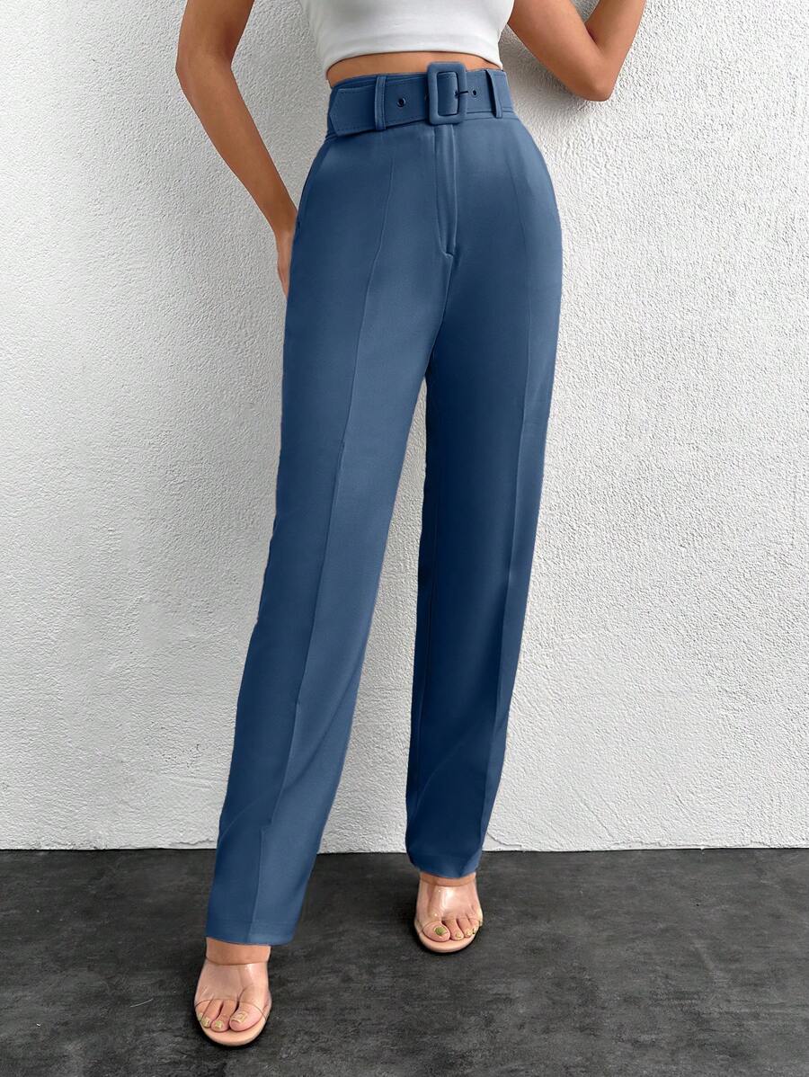 EURMUSE Women High Waisted Straight Leg Casual Suit Pants With Toothpick Stripe Design - Dusty Blue - View 1