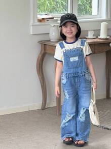 DENIMLY YOUNG Cô gái trẻ THƯỜNG NGÀY ĐỂ CHUẨN BỊ NGOÀI TRỜI CẢ NĂM PHẢI CÓ COOL MAX VẢI COTTON NHẸ GIẶT LẠI NHẸ QUẦN JUMPSUITS DENIM RÁCH, Dây đeo có thể điều chỉnh và năm túi cổ điển, Cài nút ở bên hông - Rửa nhẹ - Xem 1