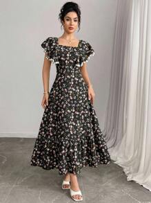 Modelyn 女士优雅碎花荷叶边袖连衣裙，适合日常穿着 - 黑色 - 查看 4