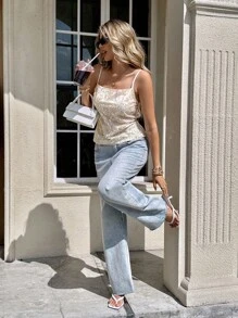 Serisse Women  Casual Sparkly Backless Spaghetti Strap Cami Top Fall Women Back To School Old Money Style Women Teacher For Women Airport For Women Summer Sequin Glitter - Apricot - View 6