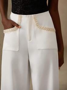 Aveloria Modichic Women's Classic High Waist Wide Leg Casual Trousers,Elegant White Solid Color Pearl Pocket Design,Versatile Commuting Autumn Party Pants All Seasons - White - View 2