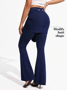 SHEIN Essnce Women's Slim Fit Elastic High Waist Flared 2 In 1 All Season Denim Pants - Blue - View 2