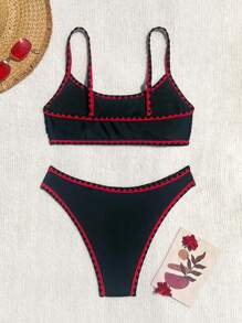 Swim Vcay 2件套黑色和红色撞色贝壳边可调节肩带女士比基尼套装，2026年春夏 - 黑色 - 查看 3