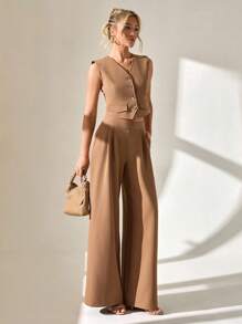 SHEIN Cottnline 女士背心和阔腿褶皱裤套装两件套 - 米色 - 查看 5