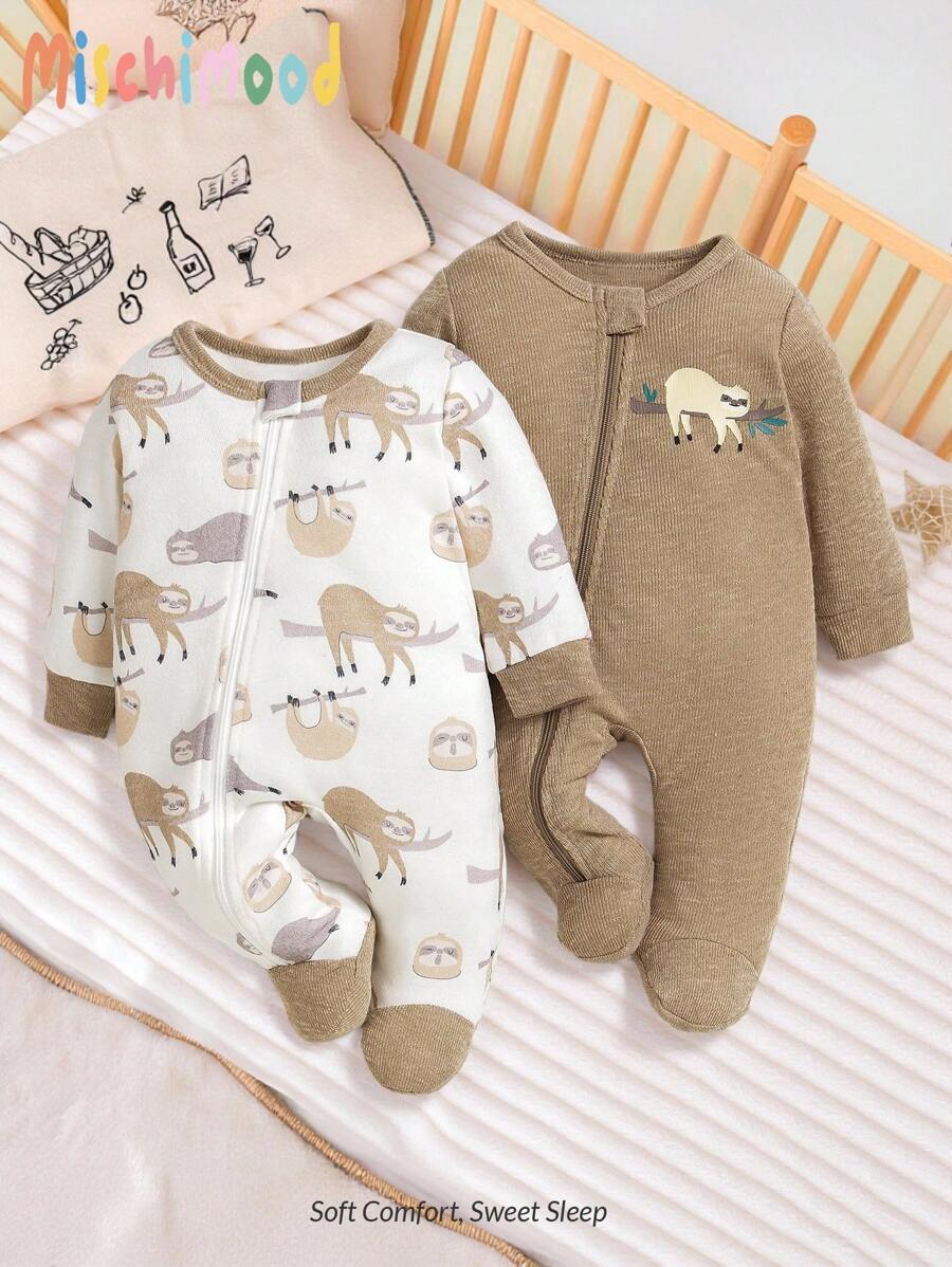 SHEIN 2 件装新生儿宽松树懒印花长袖连体睡衣，秋季新品 - 彩色 - 查看 1