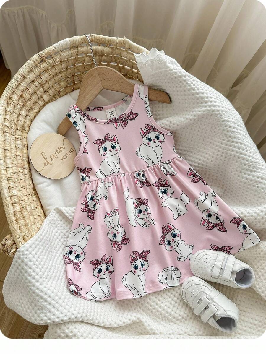 Baby Girls' Casual Knitted Sleeveless Cat Print Empire Waist Dress - Pink - View 1