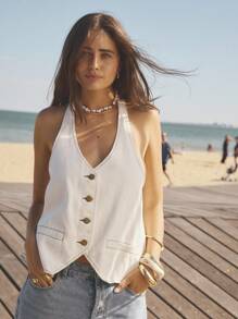 Aralina Linen Blend Button Front Halter Neck Old Money Style Summer Top