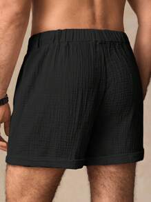 Manfinity BRENVOR 男士休闲双层绉布中腰抽绳腰带环宽松短裤男黑色短裤男抽绳短裤男流苏短裤男夏季短裤 - 黑色 - 查看 2