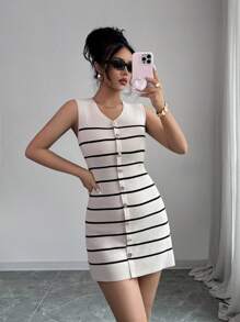 Selianne 返校及郊游 无袖条纹金属扣通勤风格复古针织连衣裙，女款，春秋季