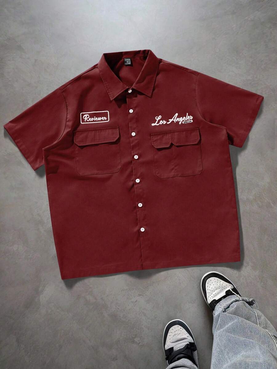 PAVTROS Manfinity Streetrush Manfinity Streetrush Men's Loose Fit Utility Pocket Design Casual Shirt, Blue Button-Up Short Sleeve Shirt, Multi Pocket Casual Shirt, Burgundy Graphic Los Angeles Reviewer Mechanic Shirt