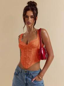 SHEIN BAE 白色纯色 3D 花卉刺绣吊带紧身胸衣，女式无袖短款上衣，白色 Bralette - 亮橙色 - 查看 5