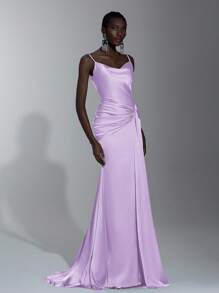 Elitara 优雅缎面吊带裙，垂坠围脖领，扭腰设计，缀饰裙摆，露背设计，适合海滩度假、约会、生日派对、毕业典礼、婚礼、正式场合 - 淡紫色 - 查看 8
