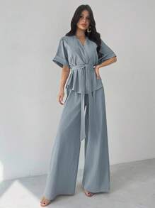 Firerie 2 件套女士休闲宽松西装，V 领衬衫和高腰阔腿裤，适合春夏秋季通勤、优雅、母亲节、教师节、工作装