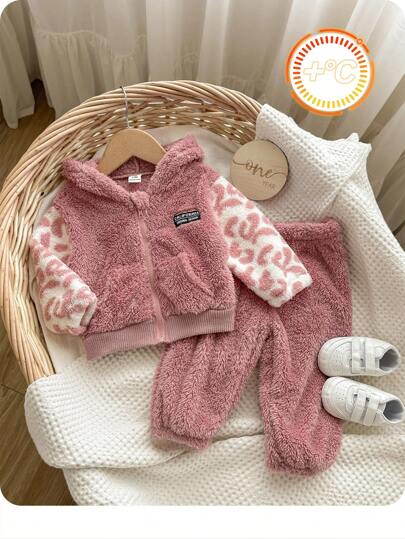 SHEIN 2 件套女婴羊毛连帽夹克和裤子套装