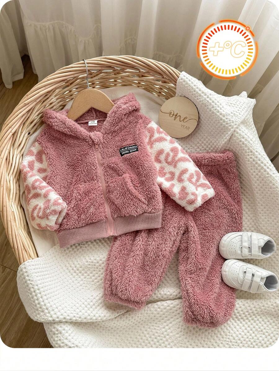 SHEIN 2 件套女婴羊毛连帽夹克和裤子套装