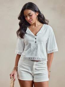 Wildy 夏季美式乡村风格休闲白色蕾丝拼接T恤外出装纯棉上衣女 - 白色 - 查看 5