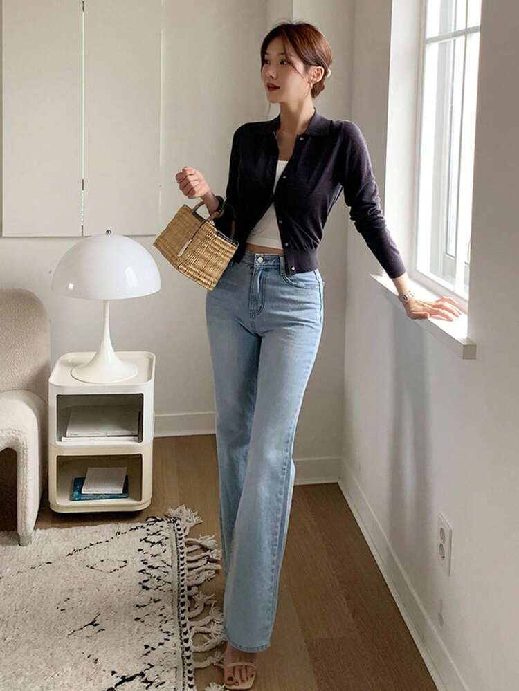 Collared Solid Color Single-Breasted Short Knit Cardigan Fall