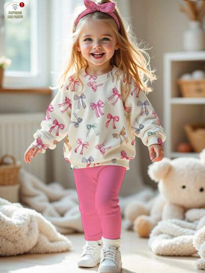 SHEIN Set de 2 piezas: Sudadera de cuello redondo de manga larga con estampado de moños y leggings rosados en estilo casual y lindo, adecuado para otoño/invierno