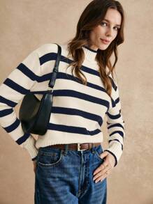 Poéselle Suéter casual de mujer con cuello alto, hombros caídos y mangas largas a rayas para otoño/invierno - Azul Marino - Ver 3