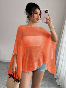 Chiquease 女士时尚斗篷披肩开衫，宽松轻便针织上衣，春夏 - 橘色 - 查看 3