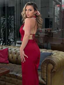 Jeta Ari Deep V Backless Camisole And Wide Leg Pants Suit For Office, Commuting And Going Out, Spring Summer - Red - View 3