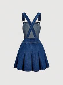 SHEIN MOD 女士牛仔背带裙，休闲修身迷你背带裙，粉色 - 深色水洗藍 - 查看 2
