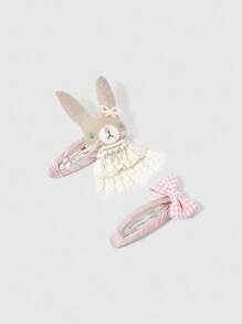 ROMWE Kawaii 2件套蝴蝶结蕾丝兔耳发夹 - 粉色 - 查看 3