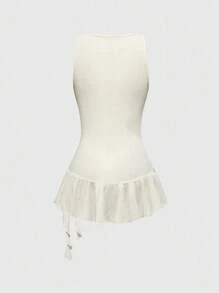 ROMWE Grunge Punk Asymmetrisches Rüschen-Perlendesign Metall Dekor Bodycon Cami Top im Hip Y2K Baddie Stil - Beige - Übersicht 6