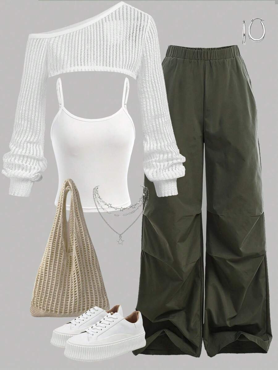SHEIN Girlism Tween Girl Casual Streetwear White Asymmetric Shoulder Mesh Knit Jacquard Long Sleeve Cover Up, Fitted Knit Camisole, And Olive Green Pleated Wide Leg Cargo Pants 3-Piece Back To School Outfit Full Outfit Set Girl Outfit Set Pants And Top Set Clean Girl Outfit Teen Girl Outfits - White - View 1