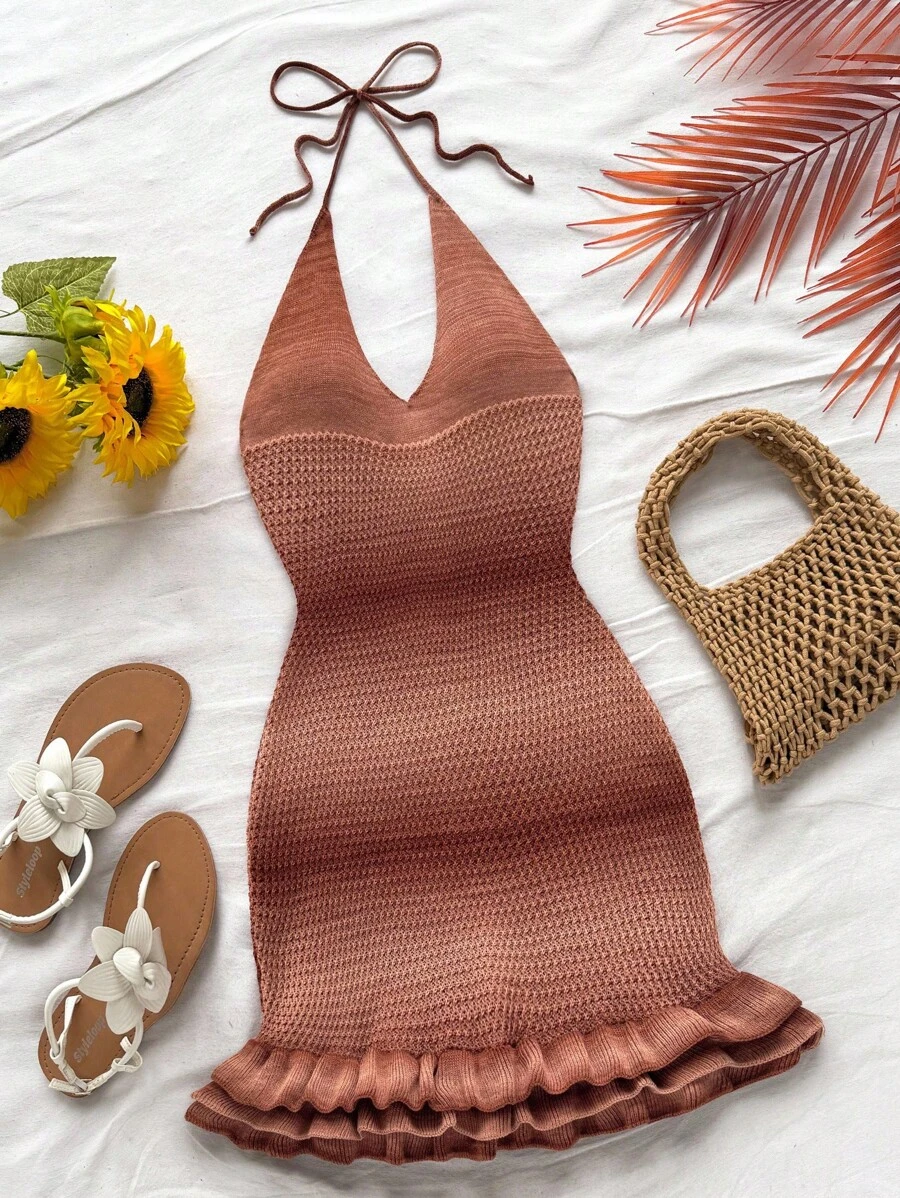 Soleia Coffee Brown Autumn Boho Vacation Holiday,Elegant Tropical Ombre Halter Neck Ruffle Knit Mini Dress,Beach Wedding Guest Graduation Brunch Attire - Multicolor - View 1