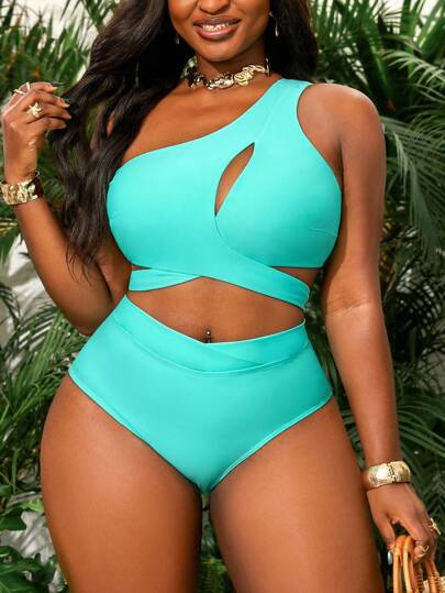 Slaydiva Traje de baño de dos piezas con tirantes de amarre y calado de unicolor para mujer de talla grande, ideal para la playa y las vacaciones