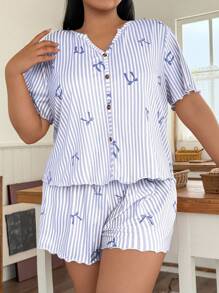 SHEIN 大码条纹蝴蝶结印花休闲纽扣睡衣套装，蝴蝶结设计，舒适优雅细节 - 藍色 - 查看 1