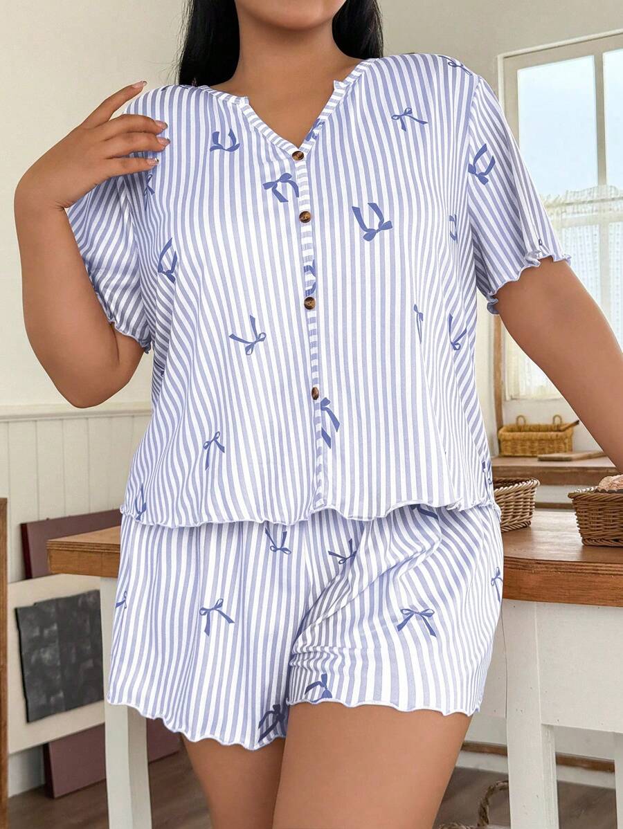 SHEIN 大码条纹蝴蝶结印花休闲纽扣睡衣套装，蝴蝶结设计，舒适优雅细节 - 藍色 - 查看 1