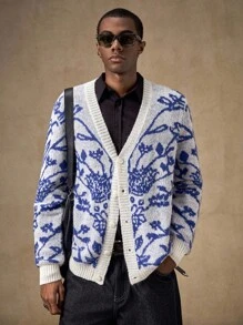 Business Casual AKNOTIC Men's V-Neck Button Cardigan,Light Blue Floral Floral Crochet Knitted Jacket,Autumn Elegant Holiday French Contrast Pattern Sweater For Fall - Blue and White - View 2