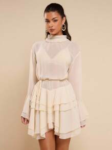 Women's Elegant Vacation Transparent Ruffle Hem Short Dress, Four Seasons - Apricot - View 3