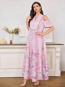 Al Najma Vestido holgado de estilo árabe con estampado floral, manga corta y hombros descubiertos