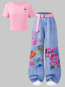 SHEIN ChillGRL 少女纯色兔子 3D T 恤和涂鸦牛仔印花长裤两件套休闲装，含腰带、夏季套装 - 粉色 - 查看 3