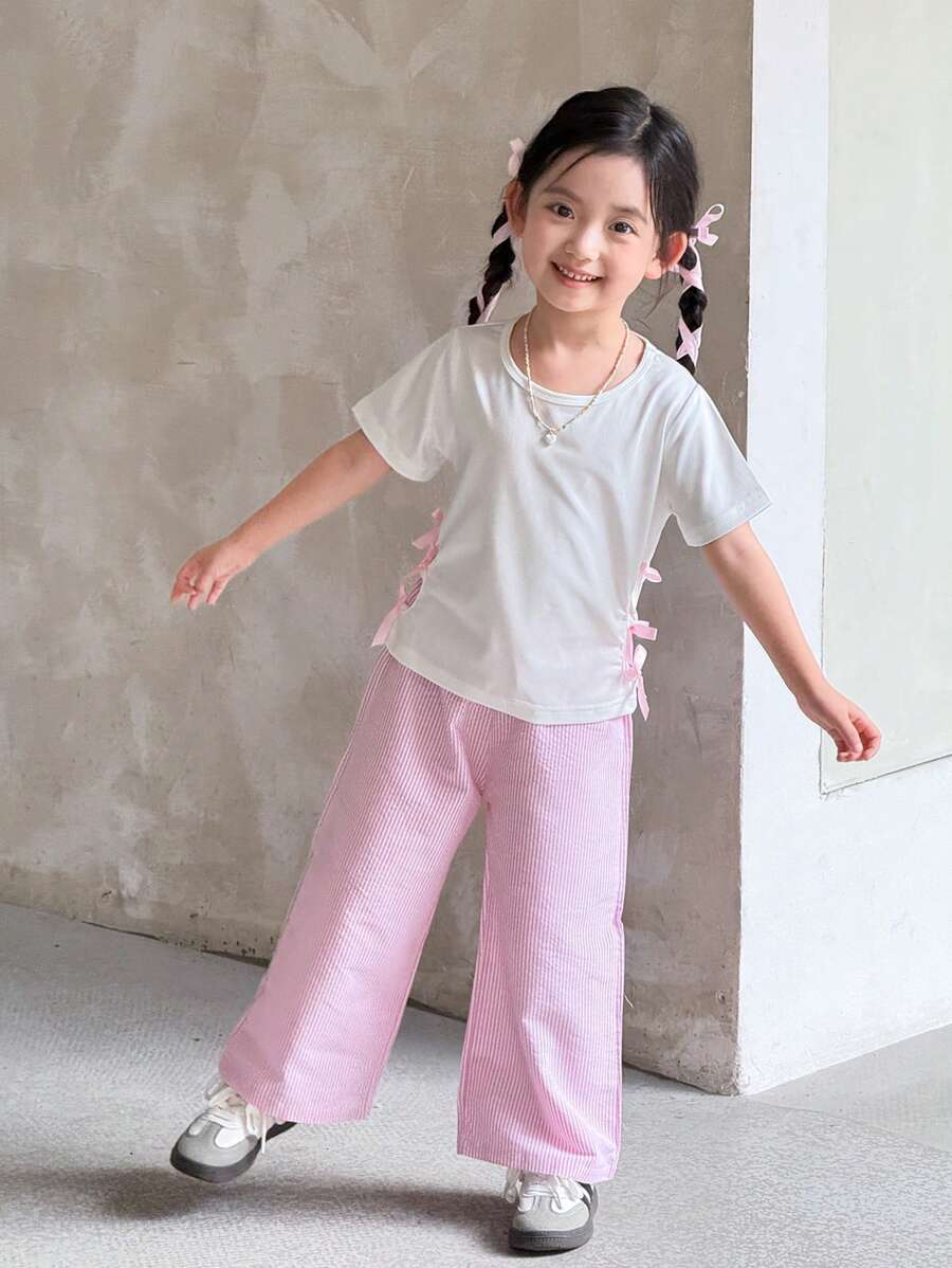 2pcs/Set Bowknot Short Sleeve T-Shirt And Pink Striped Wide Leg Pants Set - White - View 1