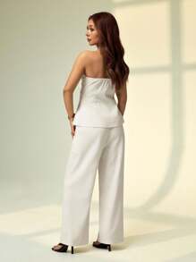 SHEIN PETITE Bộ 2 áo liền quần màu trơn đơn giản cho nữ - Màu Khaki - Xem 2