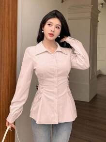 Modelyn 女式纯色长袖单排扣休闲抽绳系腰时尚衬衫 - 淺粉色 - 查看 6