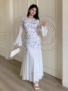 Modelyn 女式花卉印花蕾丝喇叭袖修身飘逸连衣裙，适合春夏季节修身 - 藍色 - 查看 6