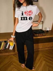 Miss Vinta 女士心形与字母印花短袖上衣和长裤睡衣套装