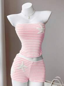 SHEIN Comfortcana Áo len bandeau thêu họa tiết sao biển sọc hồng dành cho nữ và quần short cùng tông, phong cách nghỉ dưỡng bãi biển, bộ đồ mùa hè 2 món - Hồng - Xem 7
