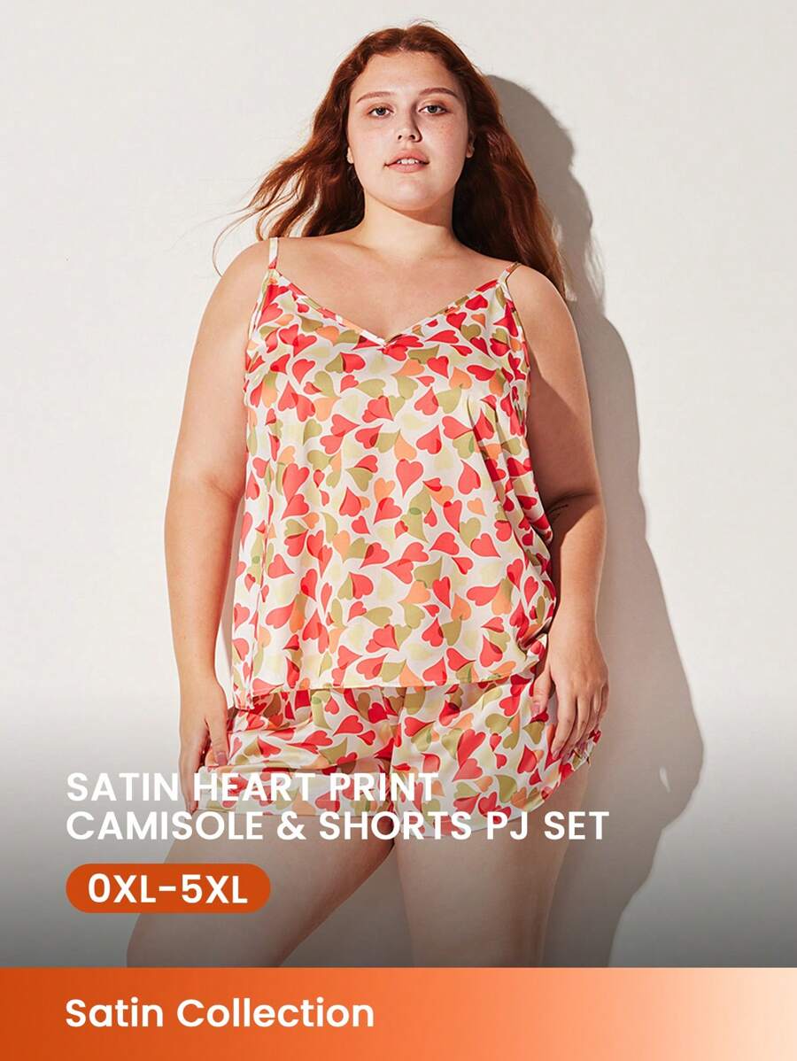 LUVLETTE Plus Silky Satin Heart Print Whimsical Patterned V-Neck Camisole Top & Shorts Airy Loungewear Pajama Set
