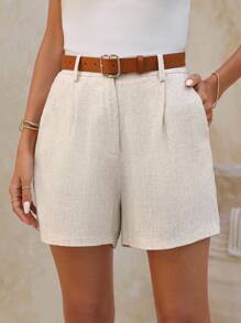SHEIN Tall CURVE Plus Size Linen Plain Casual Elegant Shorts With Bamboo Nodes, Wearable In All Seasons - Apricot - View 5