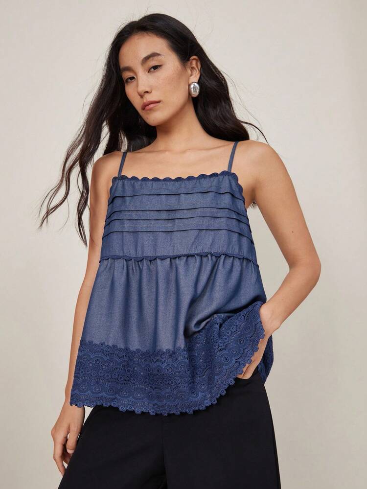 Women's Summer Casual Vacation Blue Linen Denim Effect Contrast Lace Fold Pleated Peplum Cami Top,Babydoll Top